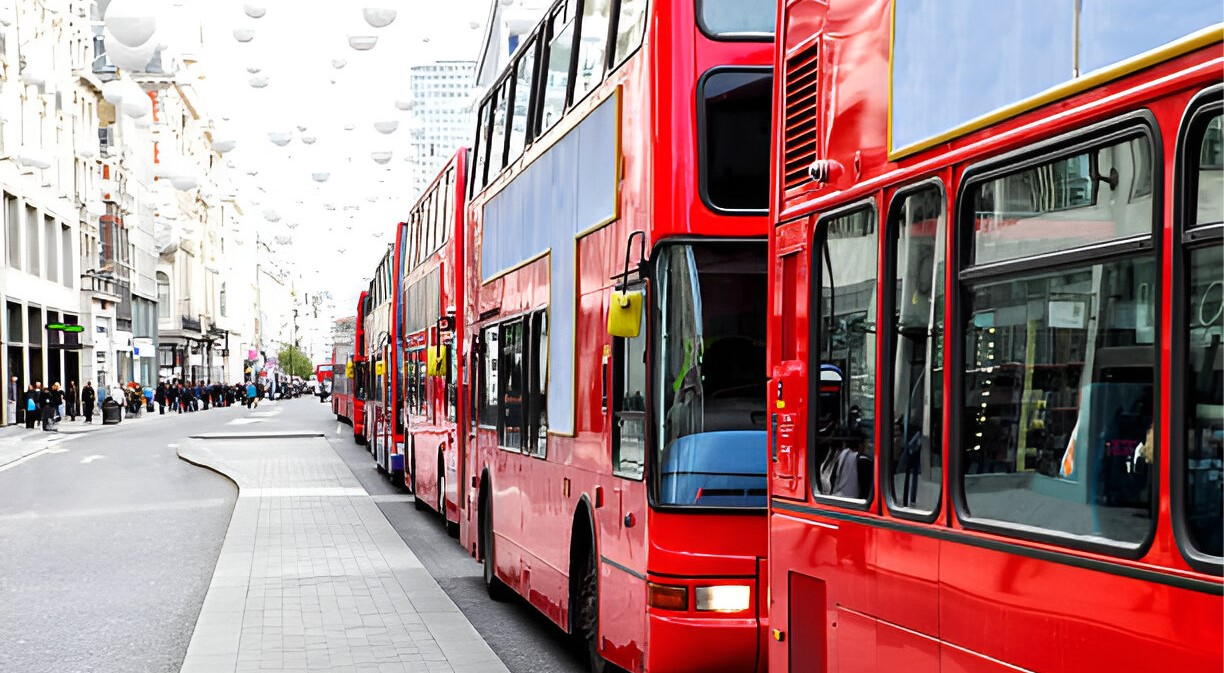 several London buses stuck in traffic